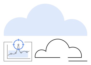 Veri grafiği ve odak ikonu ile büyük bulut şekli analitiği, bulut hesaplamasını ve teknolojiyi sembolize eder. Yenilik, otomasyon, verimlilik, fütüristik kavramlar, ağ verileri için ideal