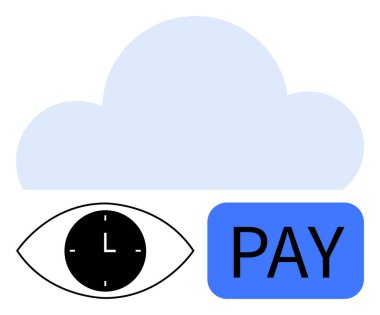 Gözün üstünde mavi bir bulut, saat ve mavi Ödeme tuşu. Dijital ödeme, zaman yönetimi, bulut hesaplama, güvenlik, fintech, otomasyon, soyut düz metafor için ideal