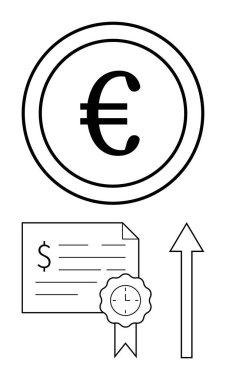 Çemberin içinde Avro para birimi sembolü dolar işareti ve kurdeleli sertifika ve yukarı doğru ok. Finans, yatırım, büyüme, başarı, ekonomi refah zenginliği için idealdir. Basit soyut çizgi