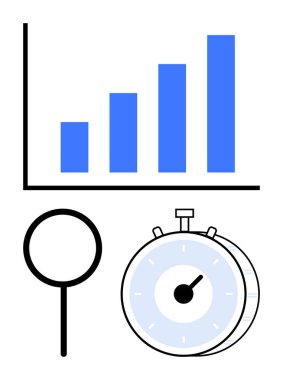 İlerlemeyi gösteren çizelge, büyüteç odaklanma, kronometre zaman izlemesini sembolize ediyor. Veri analizi, verimlilik, verimlilik, performans değerlendirmesi, zaman yönetimi için ideal