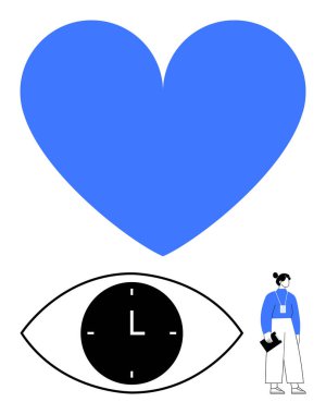 Blue heart, clock within eye symbol, and woman holding a notebook convey time management, self-care, dedication, focus, mindfulness, emotional intelligence and productivity. Ideal for abstract line clipart