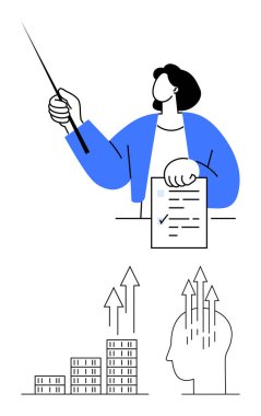 Kontrol listesi ve işaretçiyi tutan kişi, büyüme aşamalarını gösteren çubuk grafikleri, ve baş silueti üzerinde yukarı doğru oklar. İş stratejisi, başarı, bilgi, liderlik, organizasyon için ideal