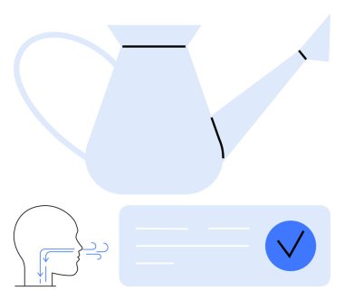 Sulama kutusu, hava akışı oklu insan nefes diyagramı ve mavi işaretli kontrol listesi elementi. Sağlık eğitimi, bahçıvanlık, solunum eğitimi, görev yönetimi, kontrol listesi için ideal