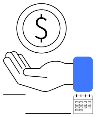 Büyük madeni paranın altında açık el, ödemeyi, kazancı ya da fonu yansıtır. Takvim zamanlama, bütçe ve maaş öneriyor. Finans, maaş ve iş yatırımları için ideal vakıflar