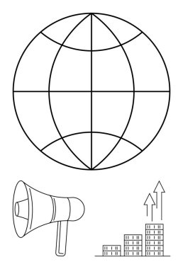 Küre, megafon ve yükselen ok çizelgesi. Küresel ulaşım, ticari genişleme, pazarlama, iletişim, liderlik, inovasyon soyut çizgi düz metafor için ideal