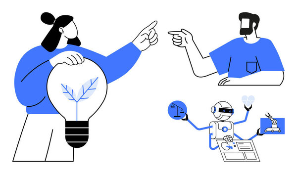 Две человеческие фигуры, указывающие, держащие лампочку с деревом, робот, держащий весы, сердце, лабораторное оборудование. Идеально подходит для командной работы, инноваций, технологий и будущего лидерства в образовании. Абстрагируясь