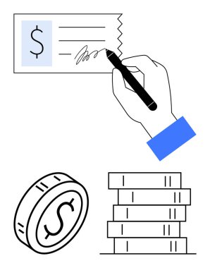 Çekin kalemle imzalanması, paranın dolar işaretiyle imzalanması, yığınla fatura. Finans, bankacılık, ödemeler, işlemler, yatırımlar, iş büyümesi tasarrufları için ideal. Soyut çizgi düz metafor