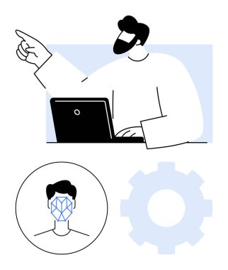 Yüz tanıma sistemi ve dişli ikonu olan bir adam dizüstü bilgisayar kullanıyor. Yapay zeka teknolojisi, yüz tanıma, biyometrik, yenilik, bilişim geliştirme, veri işleme, soyut düz metafor için ideal