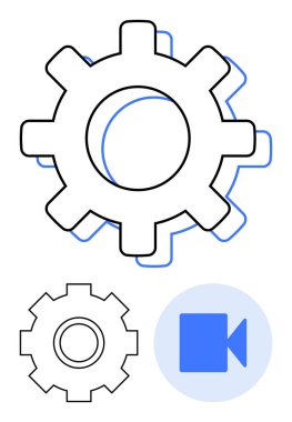 Büyük ve küçük vitesler, dijital araçları tasvir eden mavi bir çemberin içinde bir video oyun ikonu ile birlikte sistemleri ve yenilikleri öneriyor. Teknoloji, medya, otomasyon, takım çalışması, işbirliği ve içerik için ideal