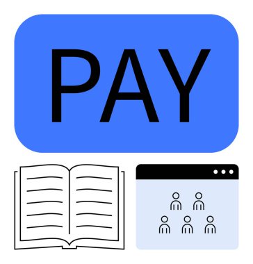 Açık kitap ve kullanıcı arayüzü simgeleri, ödeme, bilgi paylaşımı ve çevrimiçi bağlantıyı gösteren büyük mavi öde metni. Finans, eğitim, takım çalışması, e-ticaret, dijital için ideal