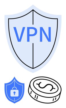 Kalın metinli VPN güvenlik kalkanı, küçük kilit kalkanı ve para birimi simgesi. Çevrimiçi güvenlik, gizlilik, mali güvenlik, internet koruması, sanal güvenlik ağları için idealdir. Çizgi