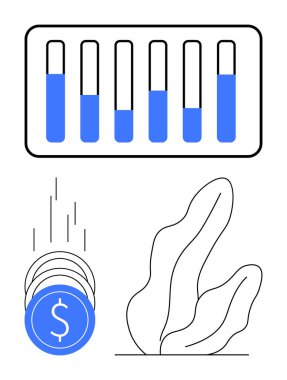 Mavi çizgili bar çizelgesi, dolar işaretli yükselen paralar ve bitki taslağı. Finans, yatırım, istatistik, büyüme ve ekonomik trendler için ideal iş ortamı temaları. Satır metaforu