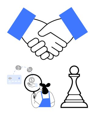 Ortaklık için tokalaşma, büyüteçle mali durumu inceleyen kişi strateji sembolü olarak piyon. İş anlaşmaları, ortaklıklar, mali analiz, başarı ve stratejik planlama için ideal
