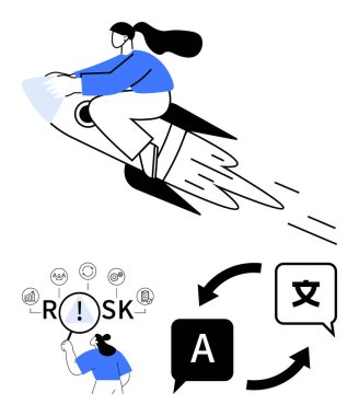 Rokette hızlanan bir kadın, risk faktörlerini analiz eden bir figür, dil çevirisini tasvir eden konuşma baloncukları. Yenilik, risk yönetimi, küresel iletişim, liderlik, çözümler için ideal