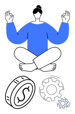 Person meditating cross-legged in blue sweater above cogwheels and a dollar coin. Ideal for mindfulness, productivity, financial planning, work-life balance, focus, decision-making, abstract line clipart