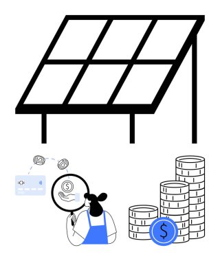 Güneş paneli, büyüteçle mali durumu analiz eden kadın, dijital kart işlem simgesi ve ekonomik büyümeyi ima eden madeni para desteleri. Sürdürülebilir enerji, finans, yatırım, ekonomi için ideal