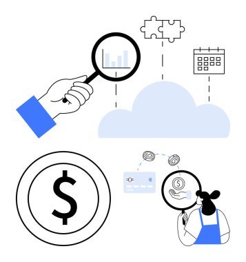 Grafik, yapboz parçaları ve takvimle bulutun üzerindeki büyüteç. Büyük dolar işareti, büyüteçli kadın ve dolar işaretli kredi kartı. Finansal analiz ve piyasa için ideal