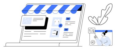 Online mağazayı, ürün kartlarını ve sanal sınıftaki birinin yan resmini gösteren bir laptop. E-ticaret, dijital eğitim, çevrimiçi alışveriş, sanal öğrenme, web tasarımı, kullanıcı
