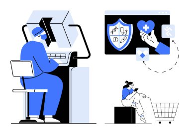 Mavi önlüklü doktor bilgisayar üzerinde çalışıyor, sağlık sembollü dijital pencere, online alışveriş yapan insan. Teletıp, e-ticaret, teknoloji entegrasyonu, online alışveriş, dijital