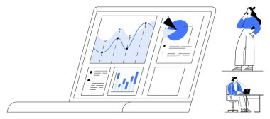 Çizelge grafiği, pasta grafiği ve çizgi grafiği olan grafikleri gösteren dizüstü bilgisayar. Biri ayakta durup düşünen, biri masada oturan iki iş adamı içeriyor. İş analizleri için ideal