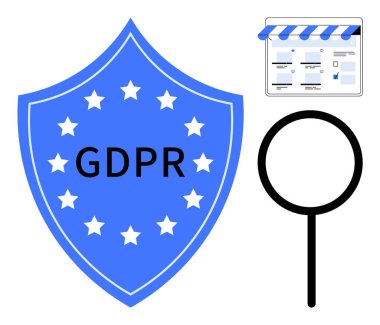 Veri gizliliğini temsil eden GDPR kalkanı, soruşturmayı sembolize eden büyüteç ve web sitesi ekran görüntüsü. Veri koruması, uyumluluk, İnternet güvenliği, internet mahremiyeti, yasal