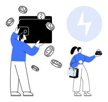 Düşen bozuk paralarla dolu büyük boy cüzdan taşıyan biri, çantalarla alışveriş yapan biri ve akıllı bir cihaz. Finans, bütçe, dijital para birimi, e-ticaret, harcama alışkanlıkları, finansal