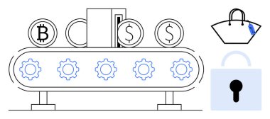 Bitcoin ve dolar para üreten fabrika makineleri bir alışveriş torbası ve kilit sembolü. Fintech, engelleme zinciri, dijital ekonomi, e-ticaret, güvenlik, otomasyon, imalat için ideal