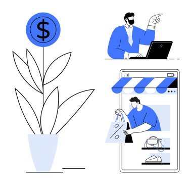 Dolar işaretli bitki, dizüstü bilgisayardan iş adamı, müşteriyle çevrimiçi mağaza arayüzü. Finans, iş büyümesi, e-ticaret, dijital pazarlama, yatırım, çevrimiçi alışveriş için ideal