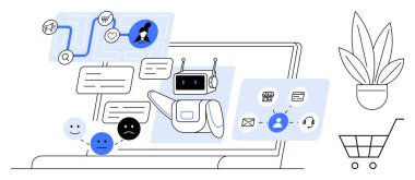 Dizüstü bilgisayardan çıkan yapay zeka sohbet robotu kullanıcılarla etkileşim halinde, mesajlar, kullanıcı profilleri ve ifade geribildirimleri gösteriyor. Müşteri hizmetleri, yapay zeka teknolojisi, çevrimiçi destek, kullanıcı etkileşimi, dijital
