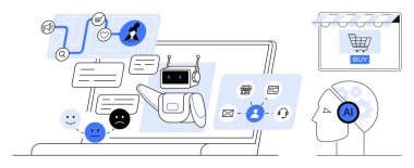 Yapay zeka sohbet robotu, mesaj baloncuklarıyla, çeşitli simgelerle, online alışveriş arabasıyla müşteriye yardımcı oluyor. Müşteri desteği, e-ticaret, yapay zeka teknolojisi, iletişim, dijital etkileşim için ideal