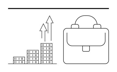 Yukarı doğru oklarla istiflenmiş büyümeyi simgeleyen parmaklıklar ve işi simgeleyen bir evrak çantası. Finans, girişimcilik, başarı, ilerleme, strateji, kariyer, soyut çizgi düz metafor için ideal