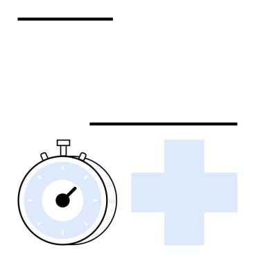 Sağlık, verimlilik ve organize zaman yönetiminin aciliyetini sembolize eden tıbbi bir haçın yanında duran kronometre. Sağlık hizmetleri, acil durumlar, teslim tarihleri, üretkenlik, ilaç, lojistik için ideal