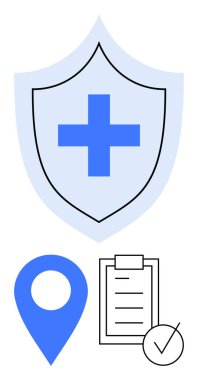 Mavi tıbbi haçlı kalkan, mavi lokasyon pimi, işaretli pano kontrol listesi. Sağlık hizmetleri, tıbbi güvenlik, sağlık hizmetleri navigasyon, sigorta, sağlık, soyut koruma hattı için ideal