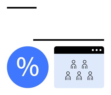 Kullanıcı simgelerini gösteren bir tarayıcı penceresinin yanındaki yüzde sembolü. Pazar analizi, veri temsili, web analizleri, izleyici segmentasyonu, kullanıcı bağlantısı, çevrimiçi anketler, soyut çizgi