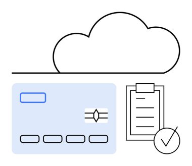 Kredi kartı, bulut taslak ve kontrol listesi güvenli bulut tabanlı ödemeyi, veri yönetimini temsil ediyor. Fintech, güvenlik, e-ticaret, bulut çözümleri, analitik teknolojisi için ideal