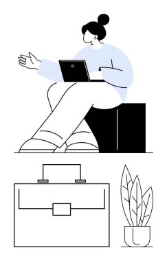 Dizüstü bilgisayarı açık el kol hareketi yapan bir kadın, minimalist evrak çantası çizimi ve dekoratif bitki. Uzak çalışma, iş planlaması, yaratıcılık, tasarım, minimalizm, üretkenlik için ideal