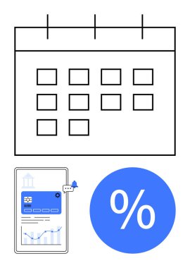 En üstte takvim, tebligat zili ile finansal verileri gösteren tablet ve büyük yüzdelik işareti. Finans, programlama, planlama, yatırım, bütçe yönetimi fintech için idealdir. Temizle