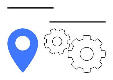 İki vites ve iki yatay çizginin yanında mavi konum işareti. Teknoloji, navigasyon, mühendislik, süreç optimizasyonu, geliştirme, yenilik ve bağlantı temaları için idealdir. Satır metaforu