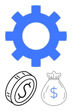 Mavi dişli, süreçleri temsil ederken, bir dolar para ve para çantası da finans ve zenginliği temsil ediyor. İş dünyası, ekonomi, üretkenlik, yatırım, para yönetimi, sistem kavramları, soyut çizgi