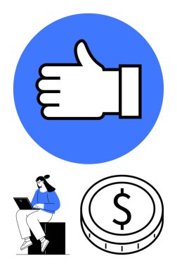 Mavi çemberde bir ikon, dizüstü bilgisayarda bir kadın ve bir dolar para. Takım çalışması, kariyer başarısı, dijital ekonomi, finansal büyüme, geri bildirim sistemleri, çevrimiçi iş soyut çizgisi için ideal