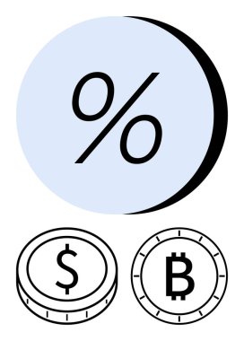 Percentage symbol in a circle, dollar coin, and bitcoin coin icon highlighting financial growth, cryptocurrency systems, and modern economics. Ideal for banking, finance, cryptocurrencies, fintech clipart