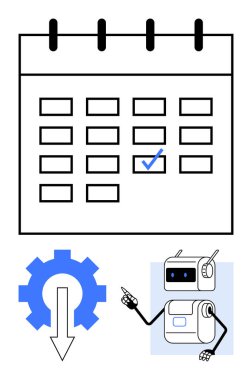 Otomasyonu sembolize eden kontrol vites simgesi ve robot işaretli takvim. Üretkenlik, programlama, otomasyon, planlama, teknoloji, verimlilik, organizasyon için ideal. Satır metaforu