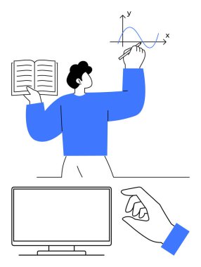 Bireysel bir kitap tutuyor, bir eliyle tahtaya grafik çiziyor, boş bir bilgisayar monitörü ve aşağısı. Eğitim, çevrimiçi öğrenim, sunumlar, veri analizi, iş dünyası, teknoloji için ideal