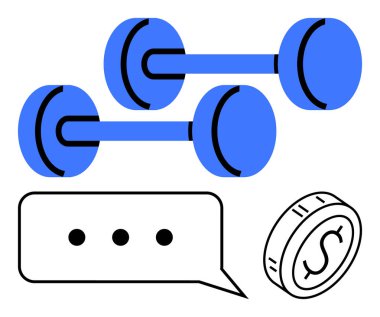İki mavi dambıl, iletişimi sembolize eden bir konuşma balonu ve finansal planlamayı vurgulayan bir bozuk para. Fitness, iletişim, bütçe, işbirliği, iş dünyası, öz gelişim için ideal