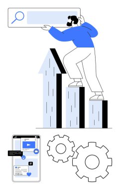 Businessperson tırmanma çubuğu grafik arama çubuğu, medya unsurları ile tablet ve vites. Ticari büyüme için ideal, SEO, dijital pazarlama, teknoloji optimizasyonu, mali analiz, hedef