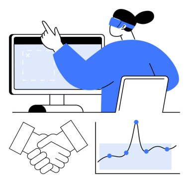 Bilgisayar ekranı, veri analizini gösteren ve ortaklığı sembolize eden kişi ile etkileşim halinde. İş, teknoloji, analitik, takım çalışması, iletişim, ortaklıklar, veriler için ideal