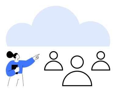 Kadın, altında kullanıcı simgeleri olan büyük bir bulutu işaret ediyor. Takım çalışması, bulut teknolojisi, iletişim, dijital işbirliği, ağ, veri transferi veya bulut depolama soyut