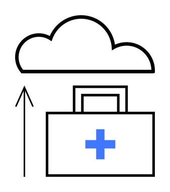 Mavi haçlı ilk yardım çantası ve bir buluta ok yükleme. Tıbbi veri depolama, sağlık teknolojisi, dijital sağlık kayıtları, acil durum sistemleri, teletıp, bulut bilgisayarı için ideal