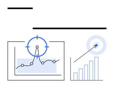 Grafik izleme performansı, odaklanma hedefi, yükselen bar grafiği ve veri görselleştirme araçları. Analiz, iş büyümesi, hedef belirleme, istatistikler, araştırma stratejisi soyut çizgi düz metaforu için ideal