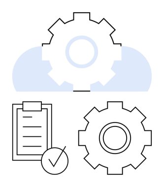 Bulutları kaplayan dişliler, işaretli kontrol listesi. Görselleştirme görev otomasyonu, bulut depolama, iş akışı optimizasyonu, proje yönetimi, veri işleme, verimlilik, soyut çizgi düz metaforu
